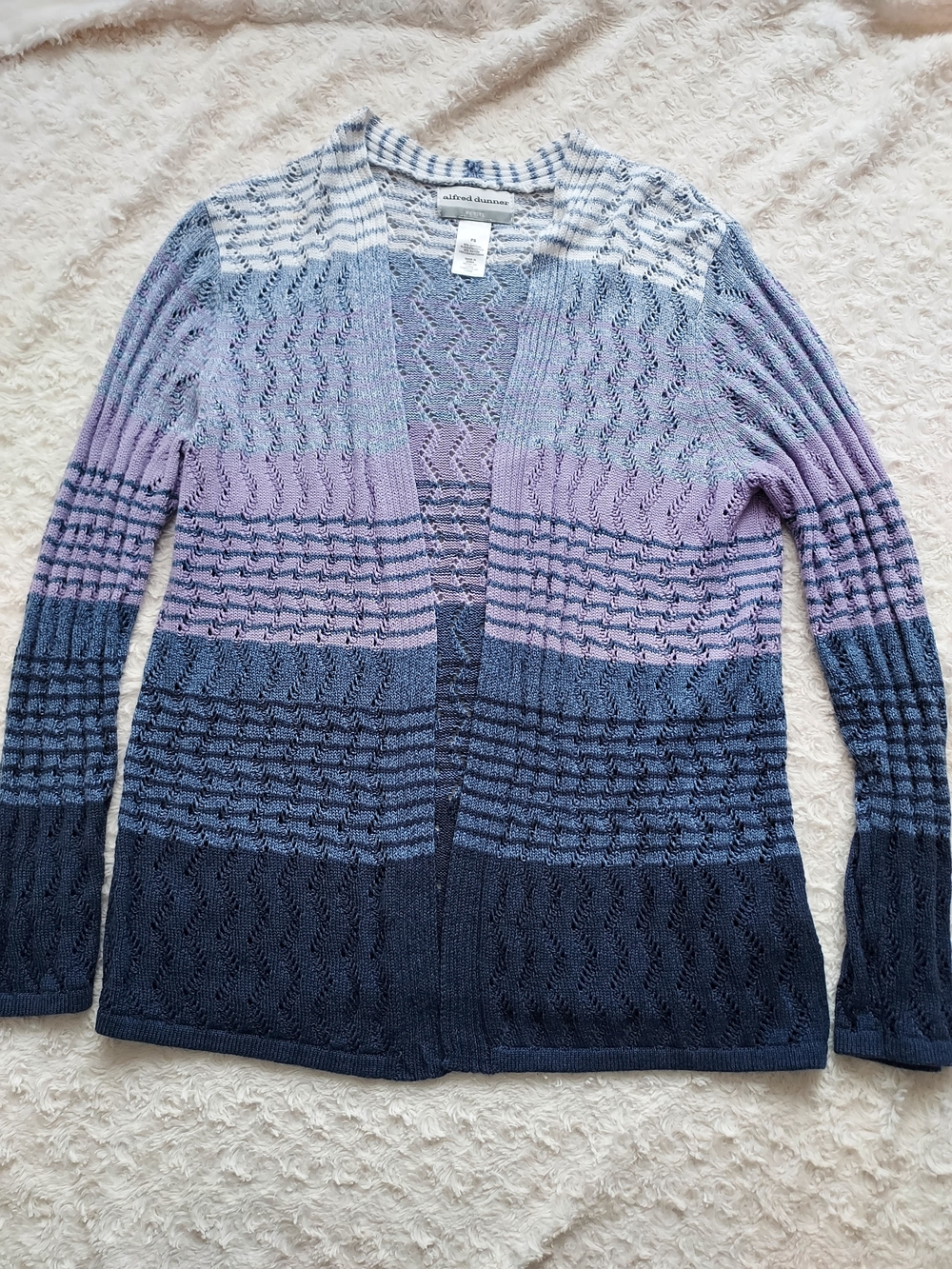 Alfred Dunner Lavender to Navy Ombre Pointelle Open-Front Cardigan Petite Small